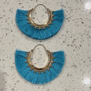 Turquoise Blue Fringe Fan  Gold Tone Hoop Earrings- Boho Statement